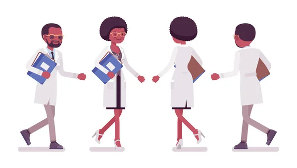 Manliga och kvinnliga svart vetenskapsman promenader — Stock vektor