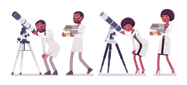 Male and female black scientist with telescope — Stock Vector