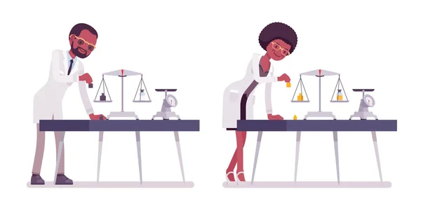 Homme et femme noir scientifique mesure de poids — Image vectorielle