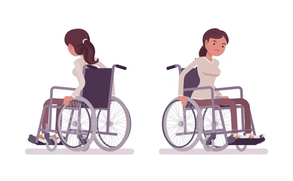 Mujer joven silla de ruedas usuario moviendo silla manual — Vector de stock