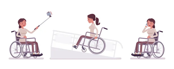 Jeune femme en fauteuil roulant avec téléphone, appareil photo selfie, sur la rampe — Image vectorielle