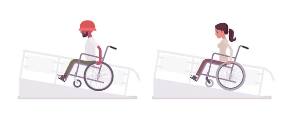 Maschio e femmina giovane utente di sedia a rotelle sulla rampa — Vettoriale Stock