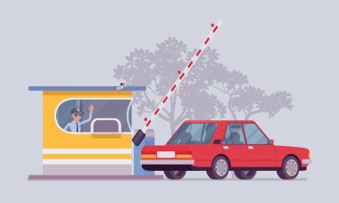 Araba otoyol standında. Geçen araç sürücüleri için durdurmak ve ödeme bilançosu için yol, otoyol, bariyer kapıyı açın. Şehir sokak güzelleştirme, kentsel tasarım konsepti. Vektör düz stil karikatür çizim