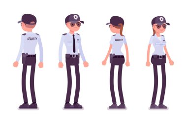 Erkek ve kadın güvenlik görevlisi, ön ve arka görünüm