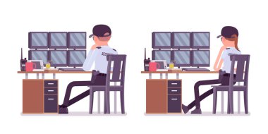 Erkek ve kadın güvenlik görevlisi alarm sistemleri izleme