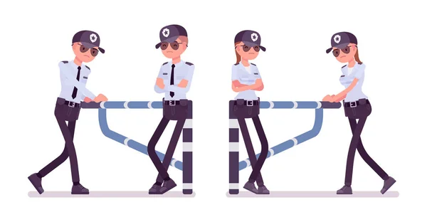 Male and female security guard at mechanical barrier — Stock Vector