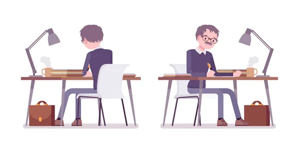 Male teacher sitting and working at the desk — Stock Vector