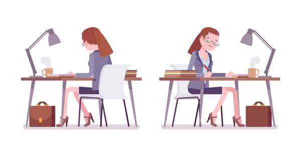 Kvinnlig lärare sitta och arbeta vid skrivbordet — Stock vektor