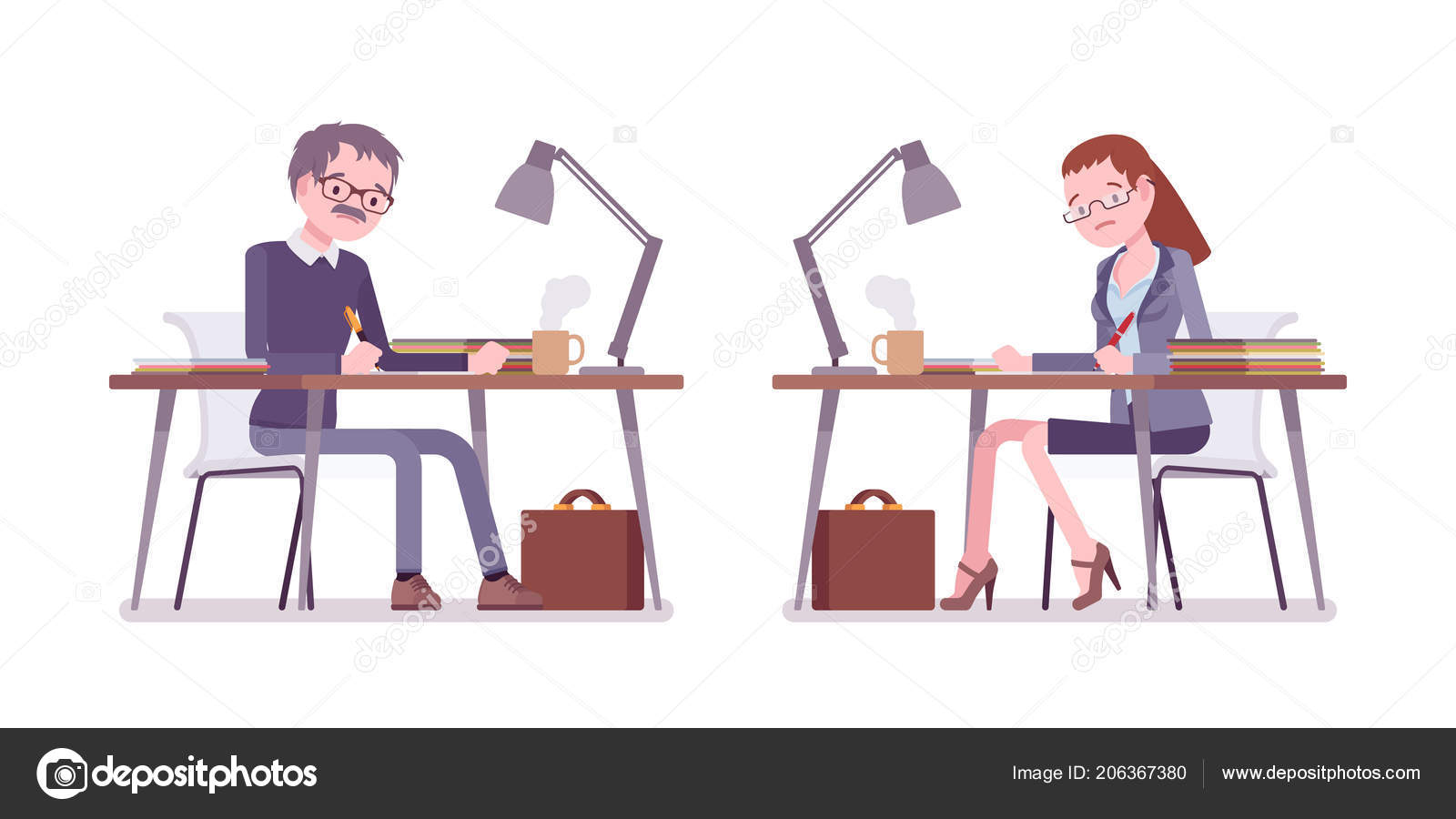 Male And Female Teacher Sitting And Working At The Desk Stock