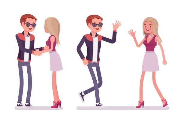 Man to woman friendly greeting — Stock Vector