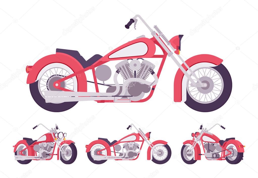 Chopper custom motorcycle bright red set. Motor vehicle, big, heavy machine in classic design for extrme sport and city enjoyment. Vector flat style cartoon illustration isolated on white background