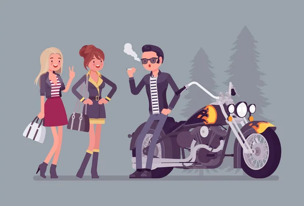 Cool rocker boy in biker leather jacket near chopper Vector Graphics
