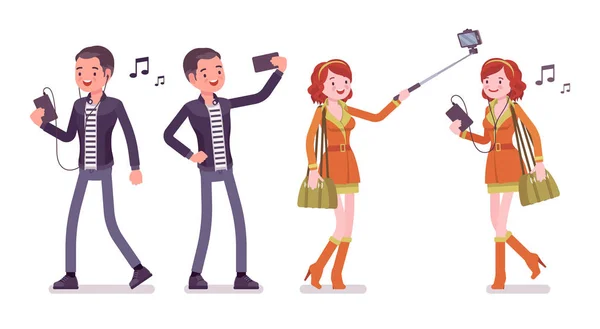 Junge Männer und Frauen mit Gadgets, die Selfie machen — Stockvektor