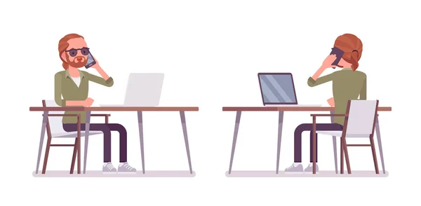 赤毛の若い男に座って、机での作業 — ストックベクタ