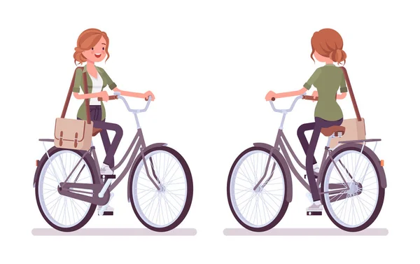 Joven mujer pelirroja montando en bicicleta — Vector de stock