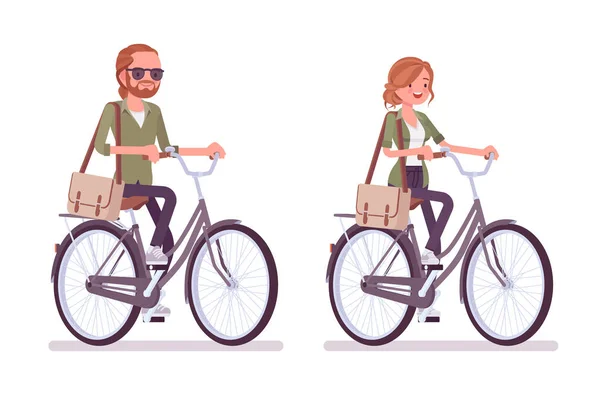 Jeune homme aux cheveux roux et femme en vélo — Image vectorielle