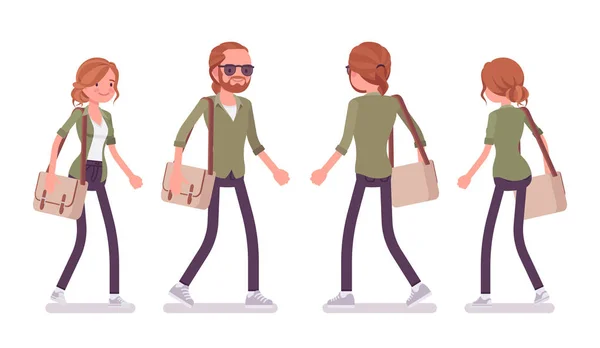 Young red-haired man and woman walking Stock Illustration