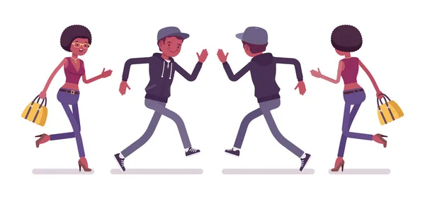 Junger schwarzer Mann und Frau läuft — Stockvektor