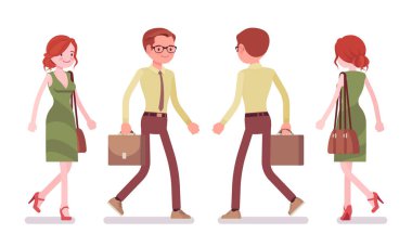 Male and female clerk walking. Young man and woman, employee busy with message delivery, go at work. Business and office jobs concept. Vector flat style cartoon illustration, front and rear view vector Male and female clerk walking. Young man and woman, employee busy with message delivery, go at work. Business and office jobs concept. Vector flat style cartoon illustration, front and rear view vector