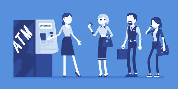 ATM line dan asisten wanita membantu klien - Stok Vektor