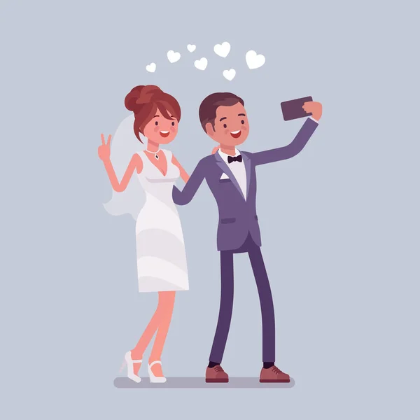 Newlywed biorąc selfie przez telefon — Wektor stockowy