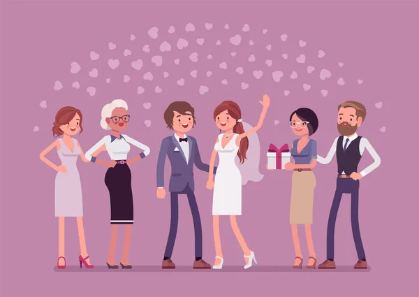 Ceremonia de boda, recién casados e invitados — Vector de stock