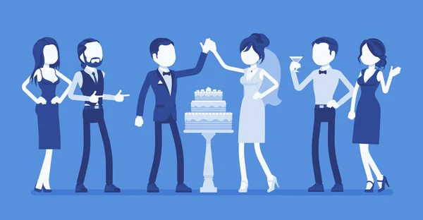 Свадебный торт в три яруса, подается для молодоженов на стойке регистрации — стоковый вектор