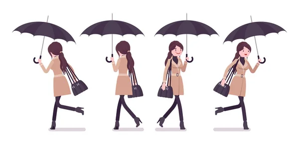 Frau im Herbst geht spazieren, läuft mit Regenschirm — Stockvektor