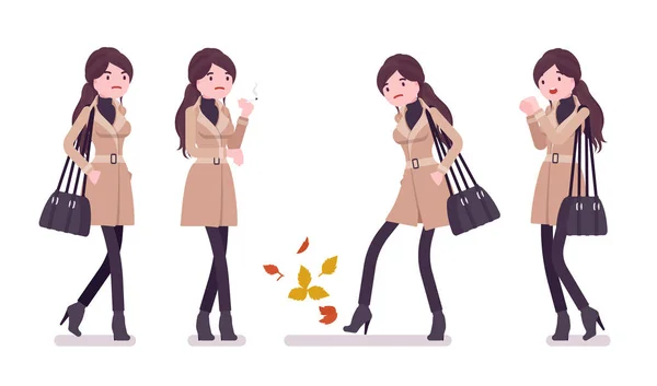 Stilvolle Frau fühlt sich kalt und trägt Herbstkleidung — Stockvektor