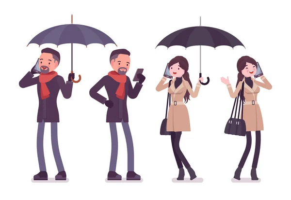 Homem elegante, mulher em roupas de outono com guarda-chuva com telefone —  Vetores de Stock