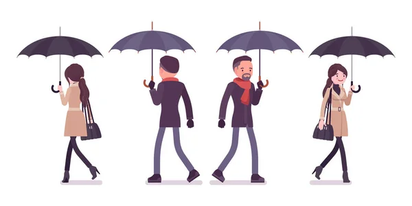 Стильний чоловік і жінка в осінньому одязі з парасолькою, що йде — стоковий вектор