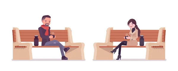 Elegante uomo e donna in abiti autunnali seduti sulla panchina — Vettoriale Stock