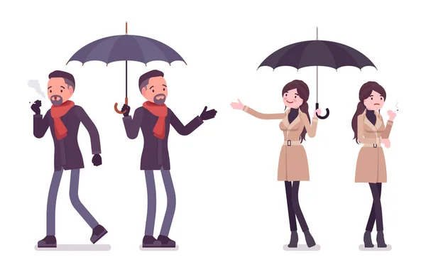 Homem e mulher elegantes em roupas de outono com guarda-chuva —  Vetores de Stock