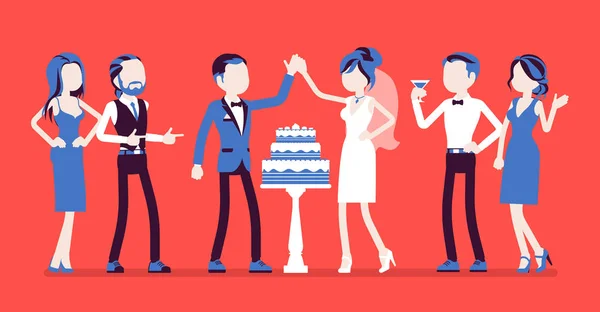 Весільний торт на трьох рівнях, подається для новоспеченого на рецепції — стоковий вектор