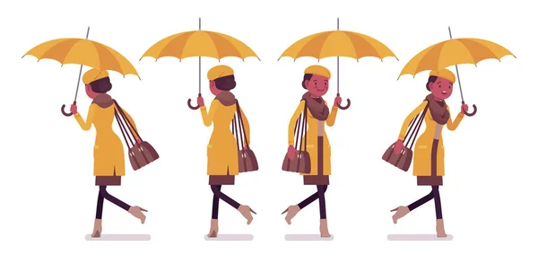Schwarze Frau mit Regenschirm läuft, läuft, trägt Herbstkleidung — Stockvektor