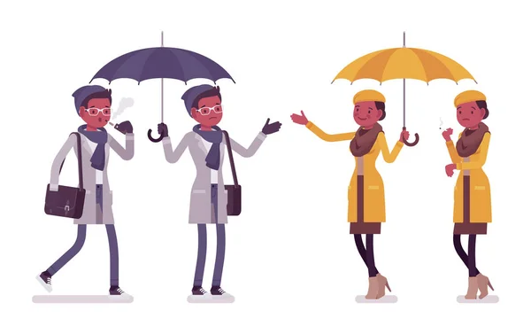 Homem negro elegante, mulher em roupas de outono com guarda-chuva —  Vetores de Stock