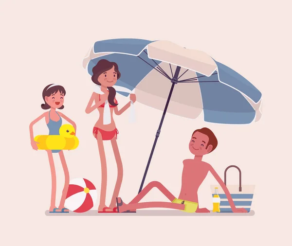 Ευτυχισμένη οικογένεια να απολαύσετε ξεκούραση στην παραλία — Διανυσματικό Αρχείο
