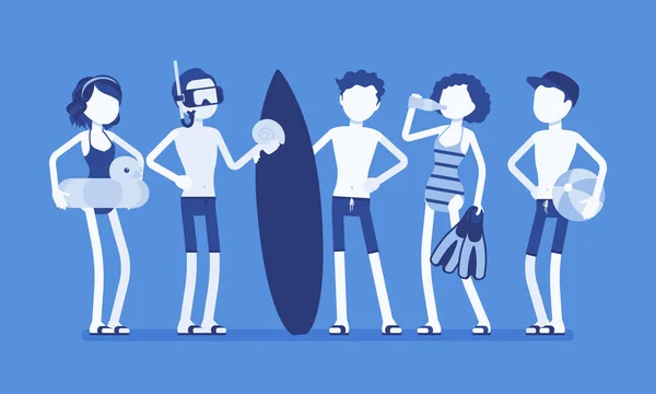 Έφηβοι Απολαμβάνουν Αθλητισμού Και Νερό Δραστηριότητα Στην Παραλία Ομάδα Ενεργές — Διανυσματικό Αρχείο