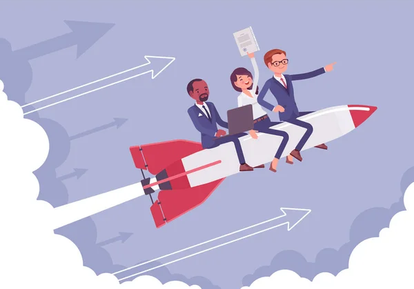 Business team gaan hoog tot succes op de raket — Stockvector