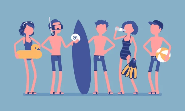Los adolescentes disfrutan de la actividad deportiva y acuática en la playa — Vector de stock