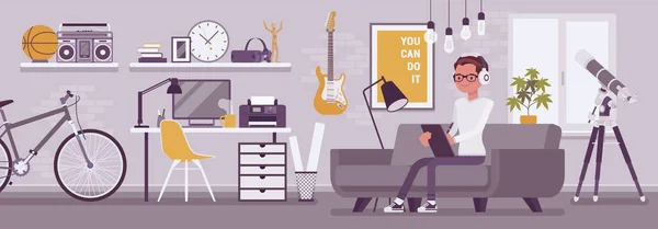 Freelancer chico habitación interior, diseño de oficina en casa — Vector de stock