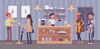 Kahvehane barista ve kahve dükkanı ziyaret edenler, café iç