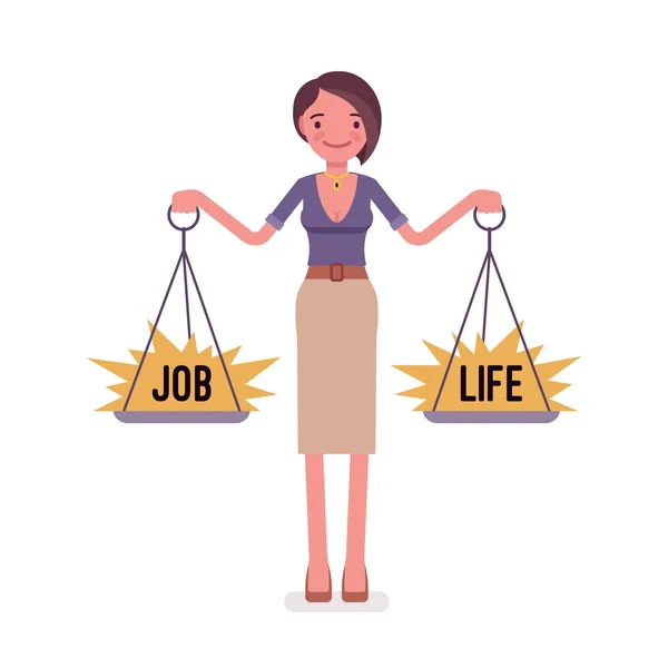 Young woman with scales to balance job, life — Stock Vector