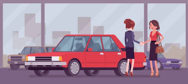 Αντιπροσωπεία αυτοκινήτων θηλυκό πωλεί ένα νέο κόκκινο όχημα σε γυναίκα — Διανυσματικό Αρχείο