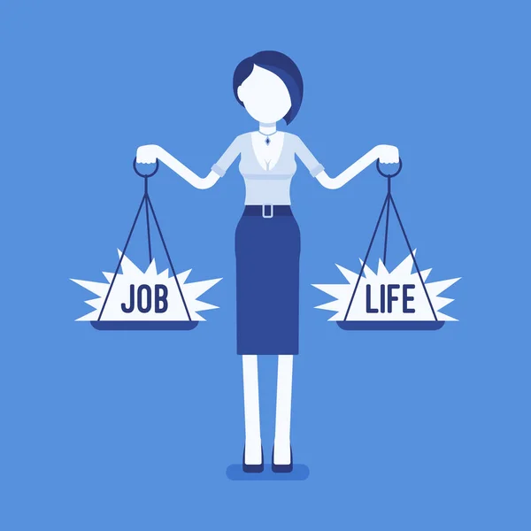 Mulher com escalas para equilibrar trabalho, vida — Vetor de Stock