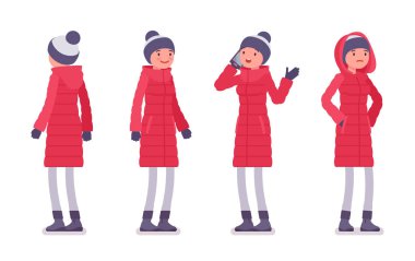 Uzun kırmızı renkli ceket ayakta aşağı şık kadın