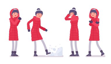 Uzun kırmızı renkli ceket olumsuz duygular aşağı şık kadın