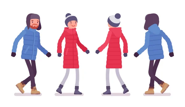 Snygg man och kvinna i en ner jacka promenader — Stock vektor