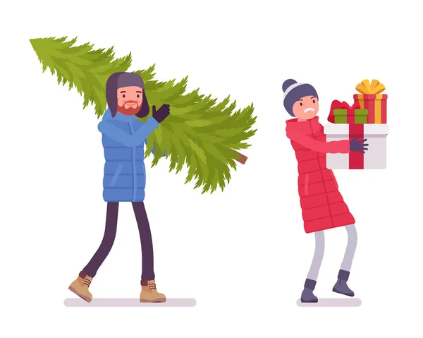 Hombre y mujer en chaqueta con árbol de Navidad, regalos — Vector de stock
