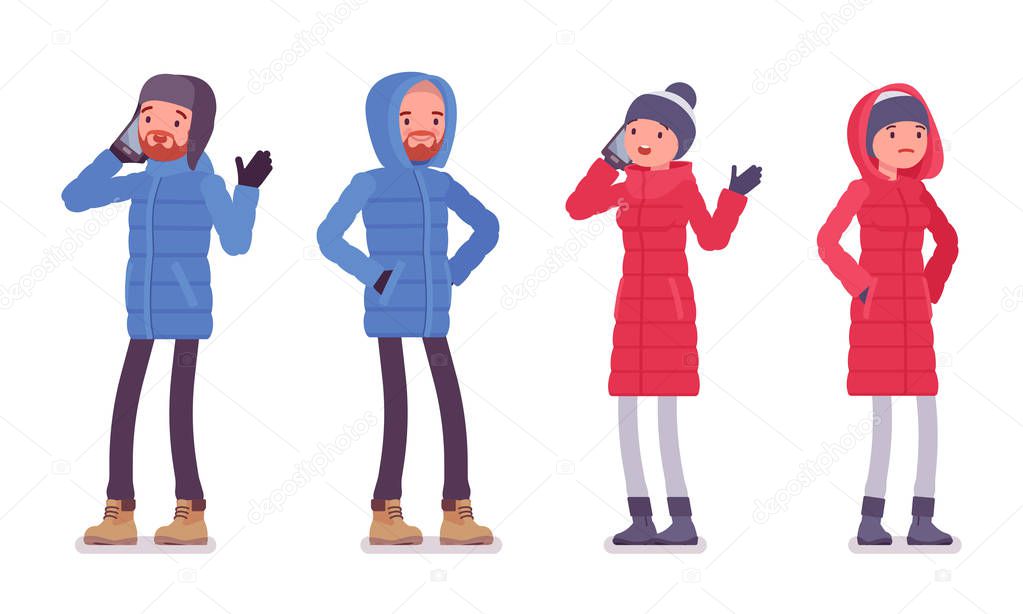 Man and woman in a down jacket standing with phone